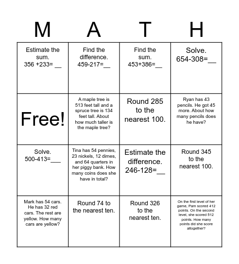Chapter 1 MATH Bino Bingo Card