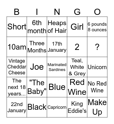 Tamsyn's Baby Bingo Card