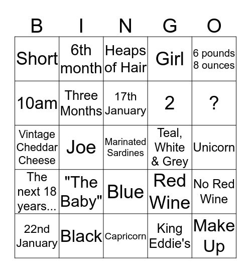 Tamsyn's Baby Bingo Card