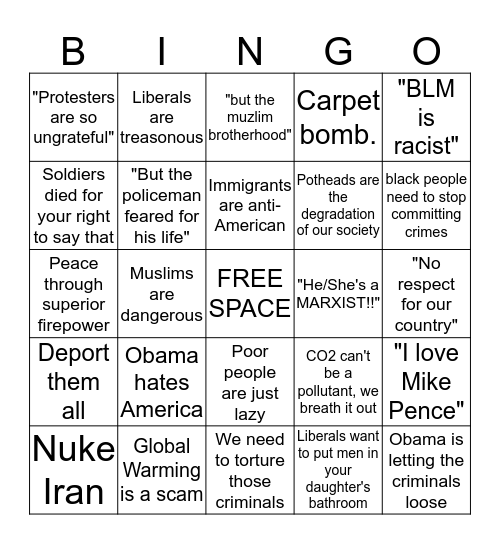 Republican Family Bingo Card