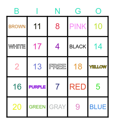 NUMEROS 1-20 Y COLORES Bingo Card