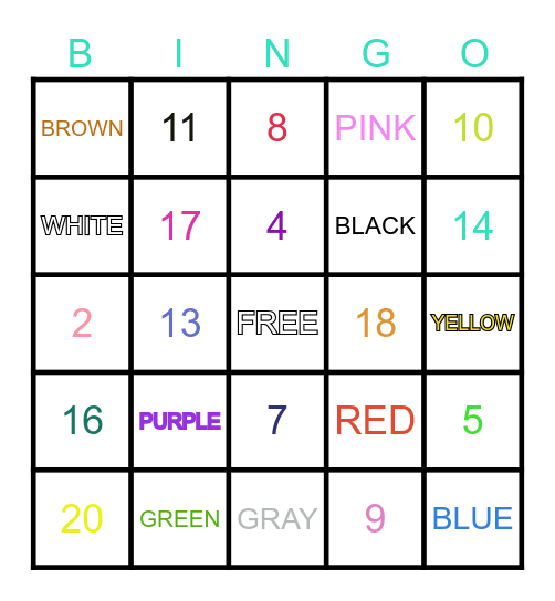 NUMEROS 1-20 Y COLORES Bingo Card