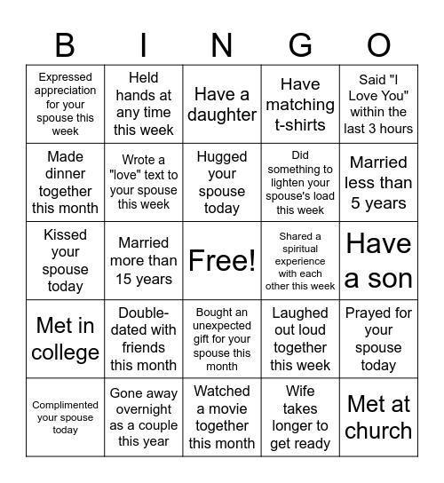Couples Bingo Card