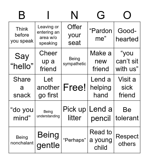 Kind vs. Unkind Bingo Card