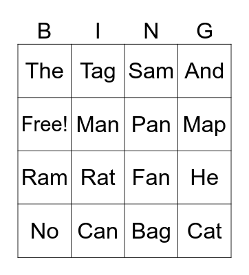 Short vowel a Bingo Card
