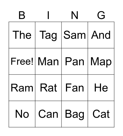 Short vowel a Bingo Card
