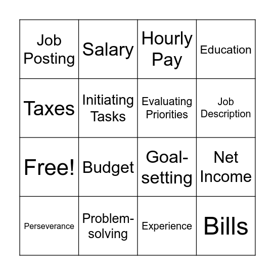 Professional Life Skill Bingo Card