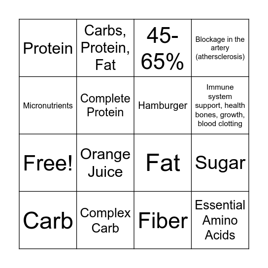 Nutrition Bingo Card