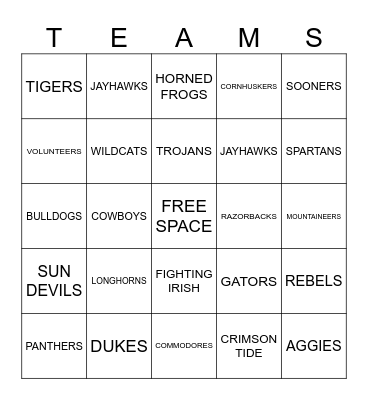 College Football Bingo Card