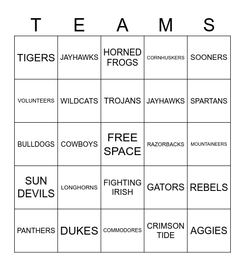 College Football Bingo Card