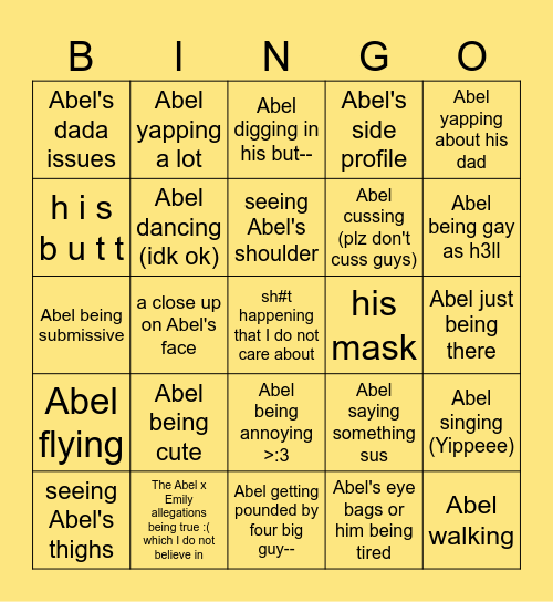 for season 2 (NAHH I ONLY CARE ABOUT ABEL Bingo Card