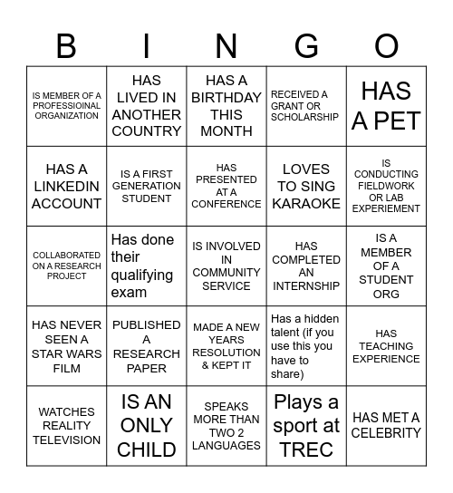 Bingo for Graduate Students Bingo Card