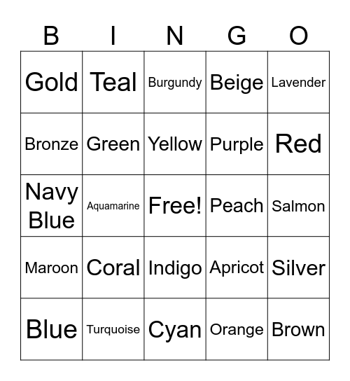 Colors Bingo Card