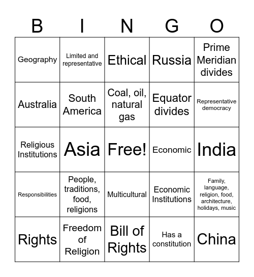 North America Bingo Card