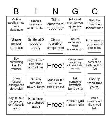 Kindness Bingo Card
