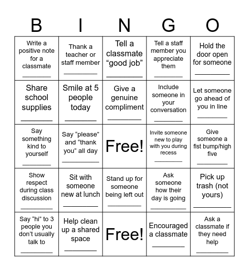 Kindness Bingo Card