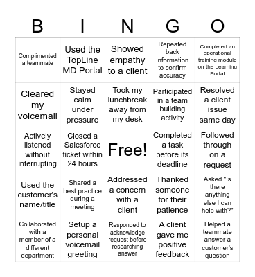 Customer Service Bingo Card
