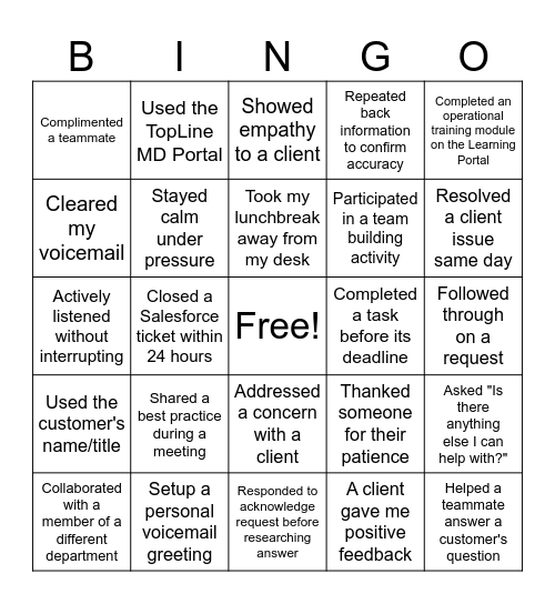 Customer Service Bingo Card