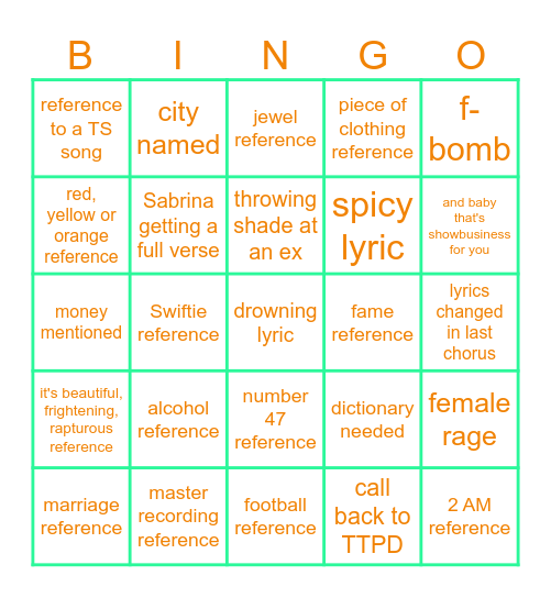 The Life of a Showgirl Bingo card Bingo Card