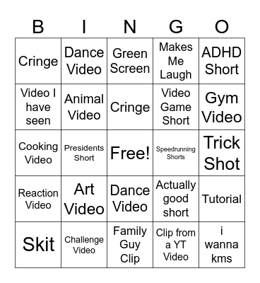 YT Shorts Bingo Card