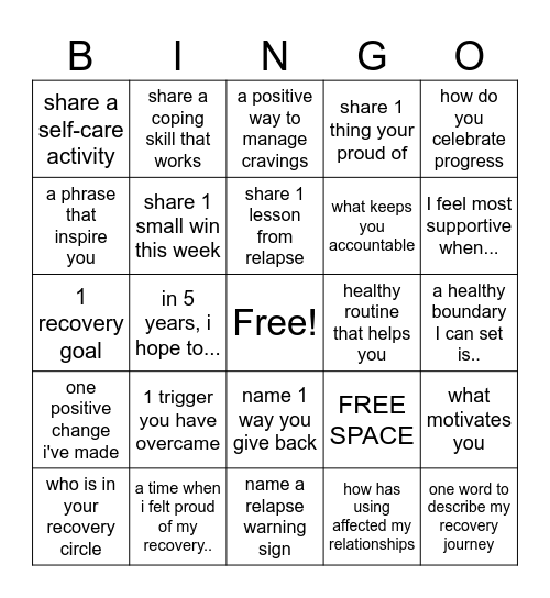 Living in Recovery Bingo Card