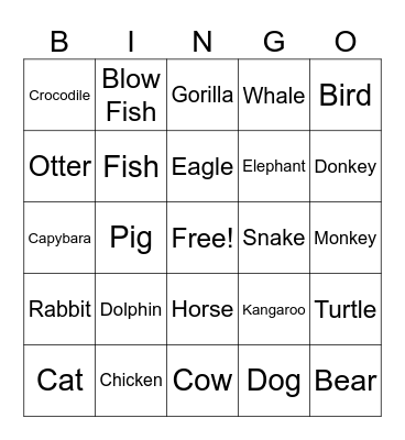 ASL Animal Bingo Card