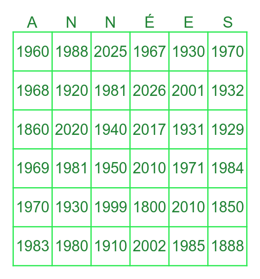 Bingo des années Bingo Card