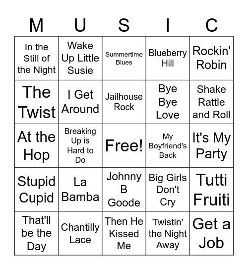 Sock Hop Music Bingo Card