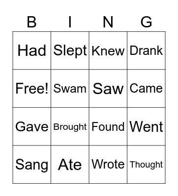 Verbs Bingo Card