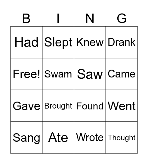 Verbs Bingo Card