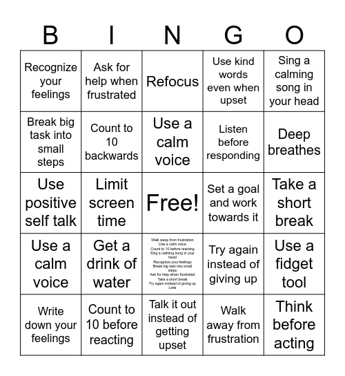 Self-Control Bingo Card