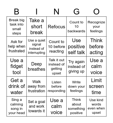 Self-Control Bingo Card