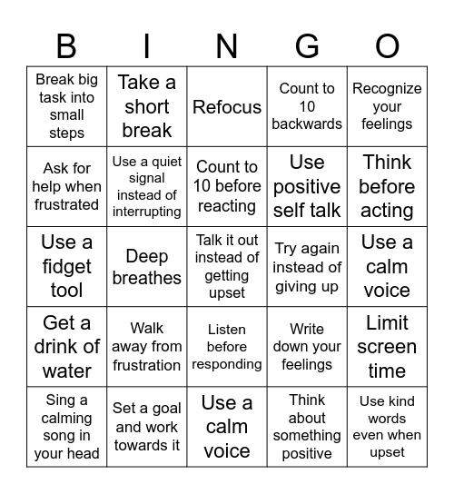 Self-Control Bingo Card