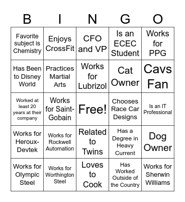 Manufacturing Day Mentor Lunch Bingo Card