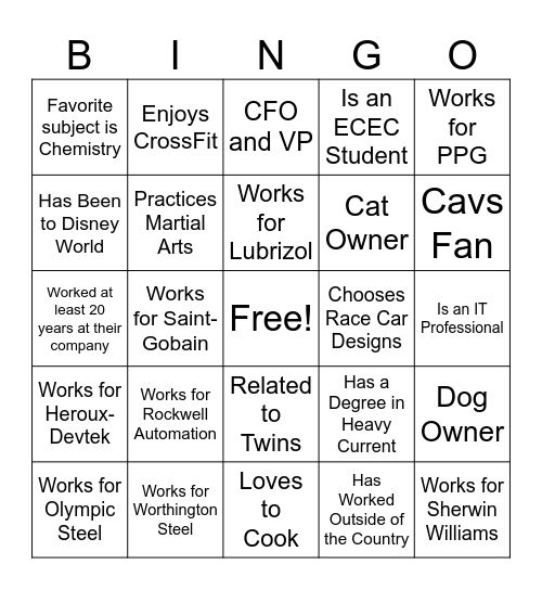 Manufacturing Day Mentor Lunch Bingo Card