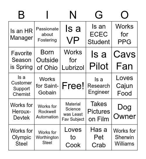 Manufacturing Day Mentor Lunch Bingo Card