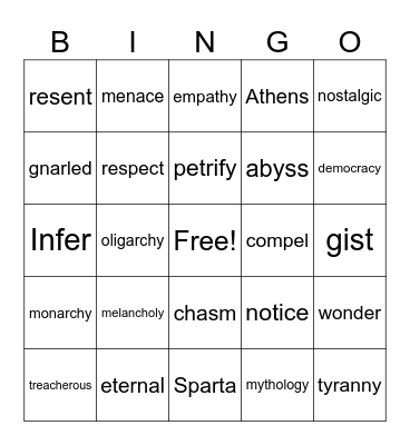 Vocabulary Bingo Card