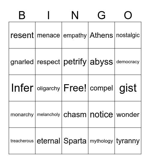 Vocabulary Bingo Card