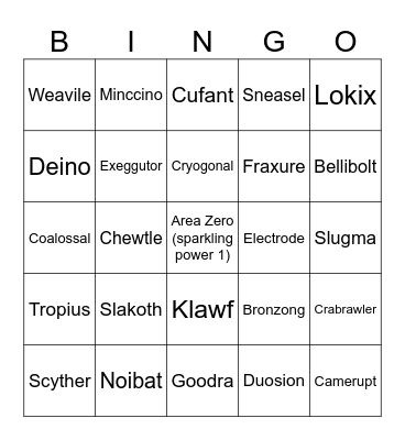 Shiny Pokemon Bingo Card