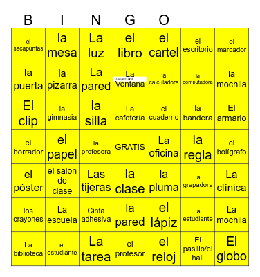 Spanish El salón de clase Bingo Card