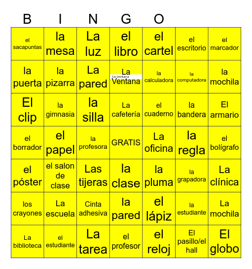 Spanish El salón de clase Bingo Card