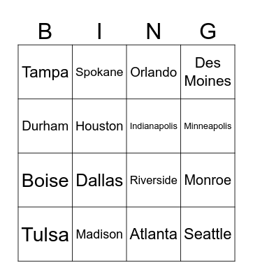 Fingerspelling Practice: US Cities Bingo Card