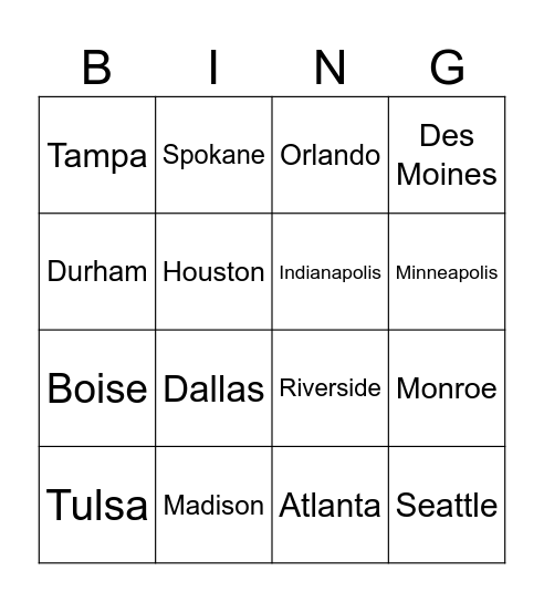 Fingerspelling Practice: US Cities Bingo Card