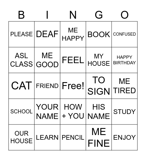 Unit 1 Sign Vocabulary Review Bingo Card