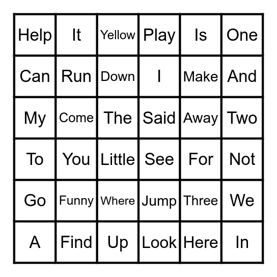 Dolch Sight Words Bingo Card