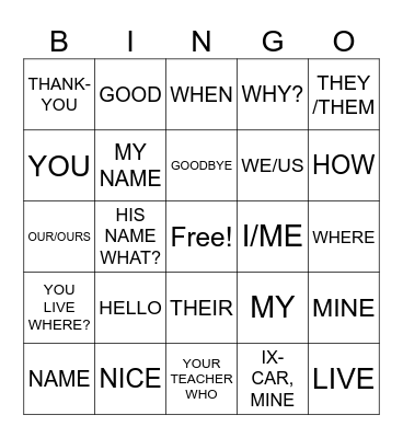 Unit 1 Sign Vocabulary Review II Bingo Card