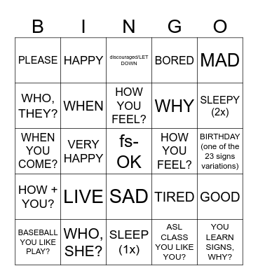 Unit 1 Sign Vocabulary Review III Bingo Card