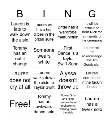 Wedding Bing'o' Bingo Card