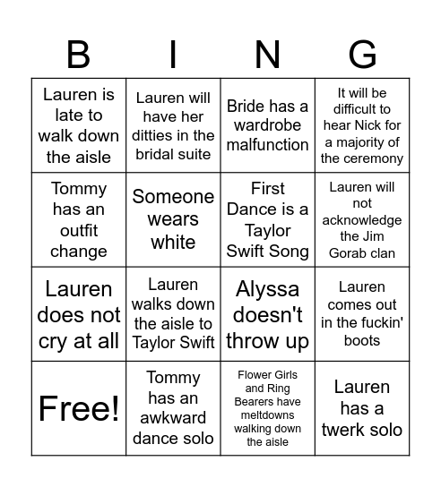 Wedding Bing'o' Bingo Card