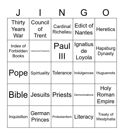 Counter-Reformation Jingo Bingo Card